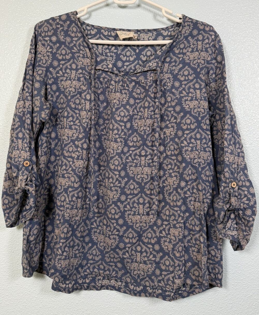 Mata Traders Women’s Small Blue Bear Print Roll-Tab Sleeve Boho Blouse